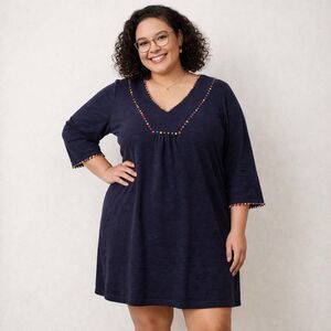 Boden Womens 16 18 Shirt Dress Square V Neck Pom Pom Trim Navy Academia Beachy